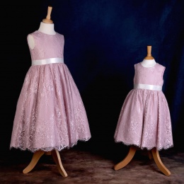 Girls Dusky Pink Fringe Lace Dress with Ivory Satin Sash